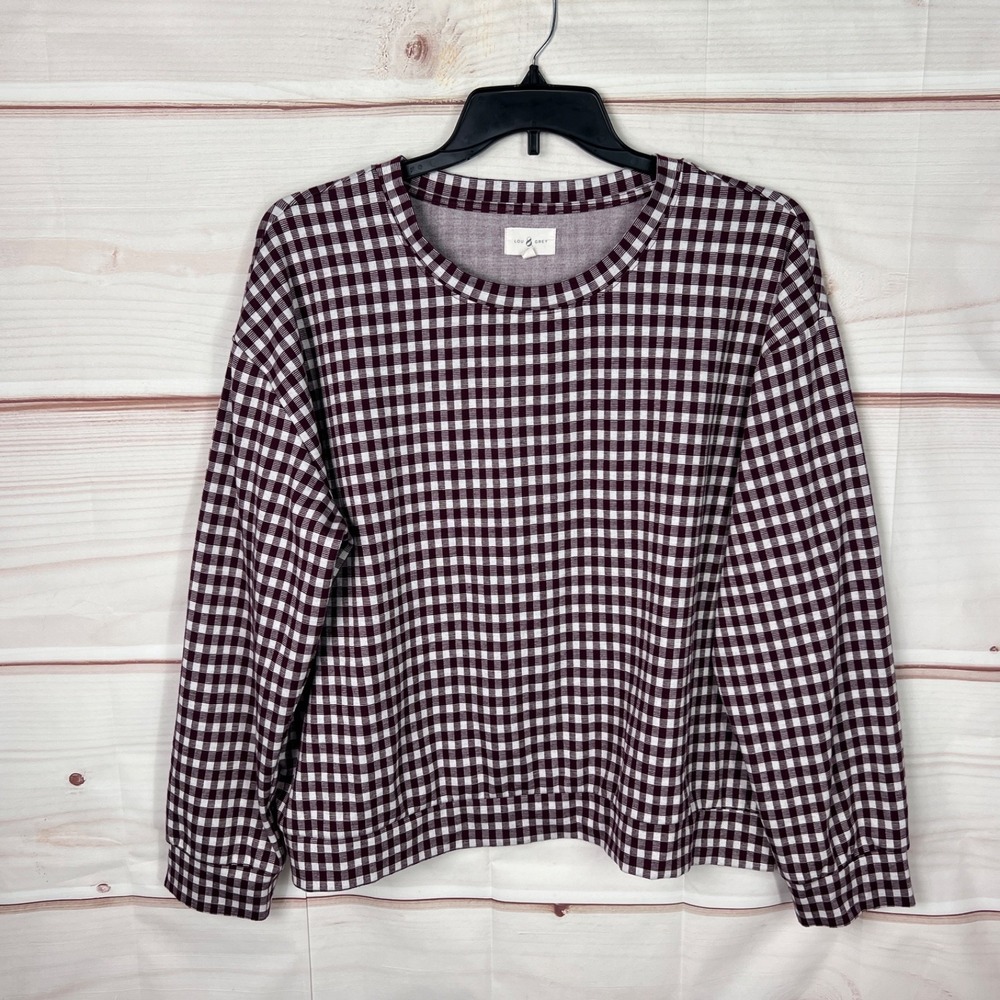 Lou & Grey Top Womens XXL Purple White Gingham Shirt Long Sleeve Round Neck Knit